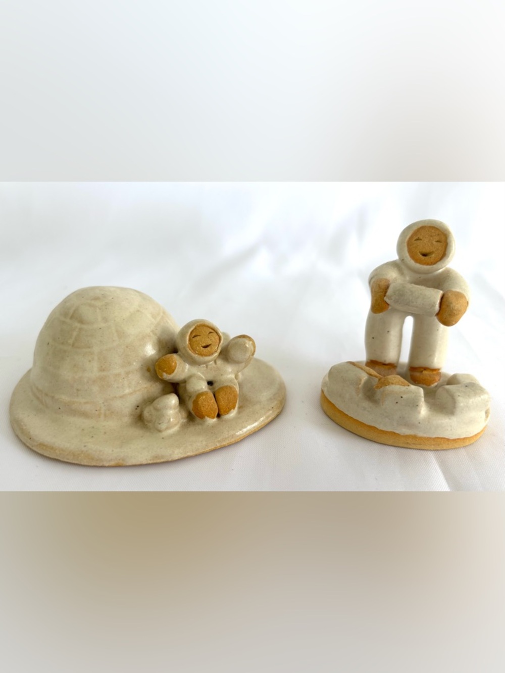 Vtg Betti Bouman Set Of 2 Handmade Signed Eskimos 1985 Clay Pottery EUC